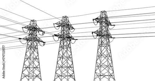 High voltage power transmission towers with electric cables, energy distribution infrastructure, electricity network system, industrial engineering design, black and white vector illustration