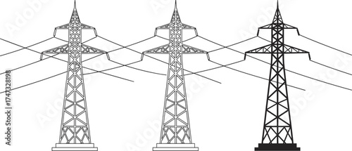 High voltage power transmission towers, electric pylons, industrial energy distribution netwoi