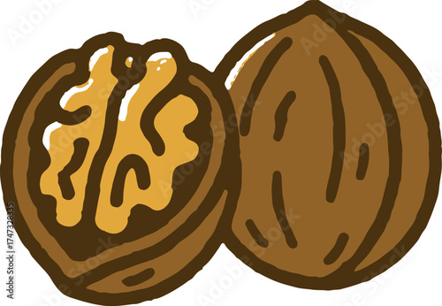 Walnut illustration in playful childlike doodle style with open and whole nuts in brown pastel tones ideal for healthy snack or dessert packaging design