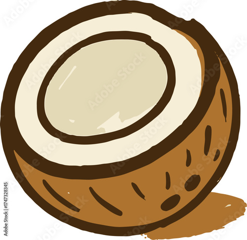 Coconut illustration in naive doodle style with brown shell and white interior perfect for tropical food packaging and summer design