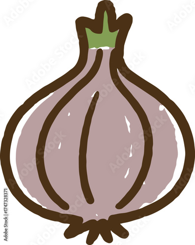 Purple onion illustration in charming kids doodle style with thick lines and simple design for vegetable packaging and label art