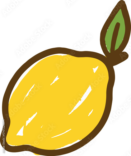 Lemon illustration in childlike doodle style with yellow pastel coloring and green leaf great for citrus packaging and fruit drink design