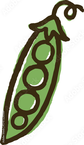 Simple green pea pod illustration in playful hand-drawn doodle style ideal for children food packaging and vegetable designs