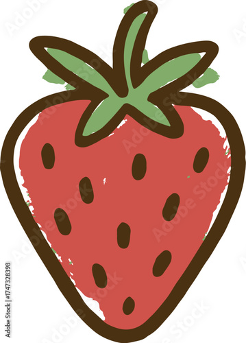 Strawberry illustration in fun childlike doodle style with bright red color and soft pastel green leaves perfect for fruit packaging and juice label design