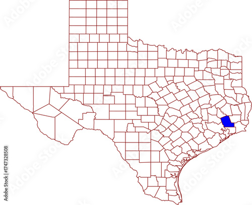 Detailed vector map of Texas highlighting Liberty County, a southeastern territory located in the Piney Woods near the Houston metro area, featuring the Trinity River.

