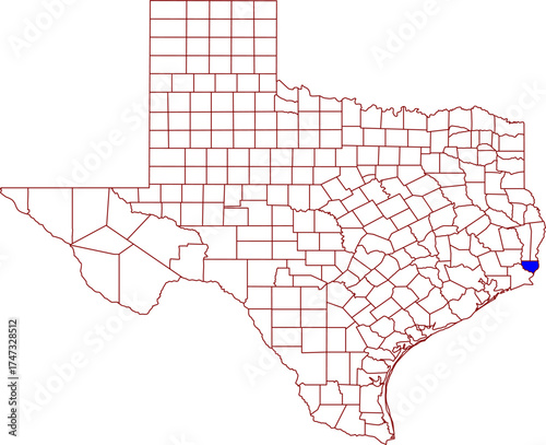 Detailed vector map of Texas highlighting Orange County, the extreme southeastern territory bordering Louisiana and the Sabine River, known for its heavy petrochemical industry.

