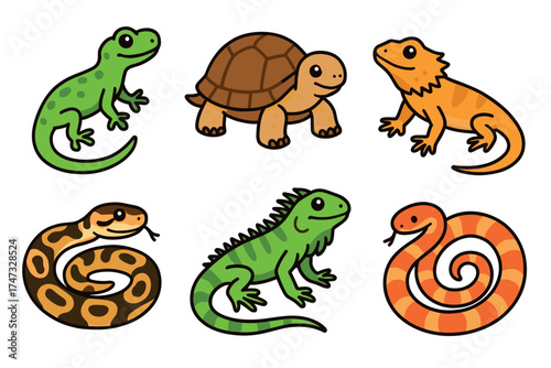Cute cartoon reptile and amphibian icon set. Vector illustration of a gecko, tortoise, bearded dragon, snake, and iguana.