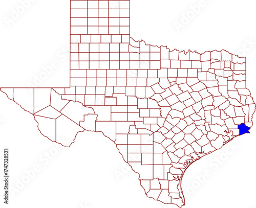 Detailed vector map of Texas highlighting Jefferson County, a southeastern industrial territory bordering the Gulf Coast and Sabine Lake, centered on the city of Beaumont.

