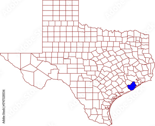 Detailed vector map of Texas highlighting Brazoria County, a major Gulf Coast territory south of Houston known for its petrochemical industry, coastal marshlands, and Brazos River access.

