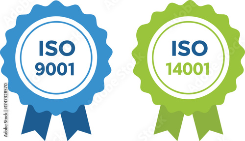 ISO certification badges vector illustration, ISO 9001 and ISO 14001 quality and environmental management standards icons for business compliance