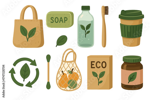 Eco-friendly and zero waste lifestyle icon set. Vector collection of sustainable and reusable products.