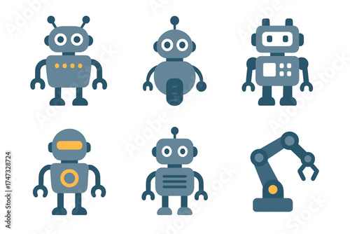 Cute cartoon robot and android character set. Vector flat illustrations of futuristic technology and AI.