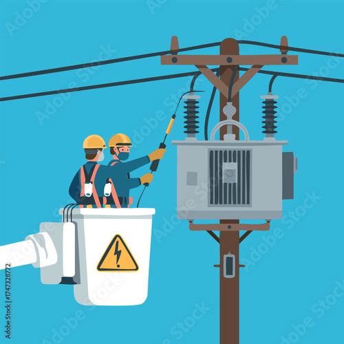 Power line technicians servicing pole transformer with hot stick (tight)