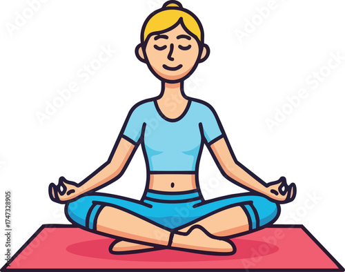 Cartoon woman meditating in a yoga pose on a mat.