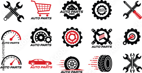  Modern black and red auto parts icons collection with tools, gears, wheels, and car elements, automotive service and repair vector design