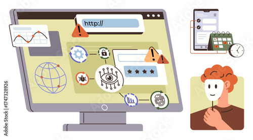 Computer screen with warning alerts, malicious spyware, password field, and phishing symbols. Smartphone, task planner, clock, and person holding mask on side. Ideal for online safety privacy