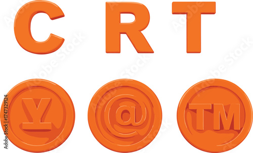  Orange 3D symbol vector set, copyright trademark and currency icons, business communication sign illustration, shiny orange letters and circle emblem design isolated