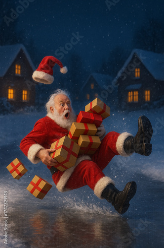 Santa Claus falls while carrying gift boxes in a snowy night village scene