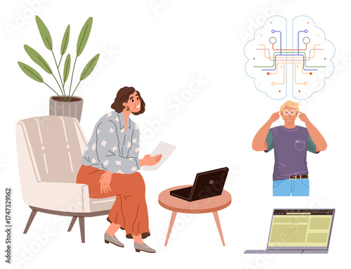 Woman planning with a laptop and document, a man brainstorming with a tech-inspired thought cloud. Ideal for innovation, productivity, collaboration, remote work, problem-solving, creativity