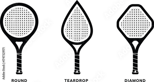  Padel racket shapes vector illustration, round teardrop and diamond padel rackets comparison chart, sports equipment design, black silhouette icons, tennis paddle graphic