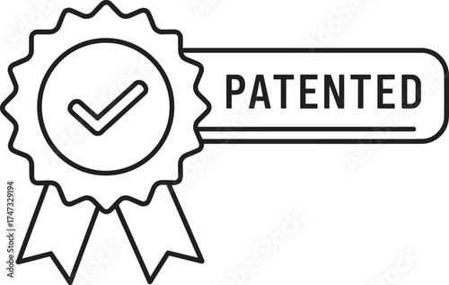  Patented badge icon, certification label with check mark symbol, intellectual property protection concept, patent approval emblem, legal rights seal, vector illustration