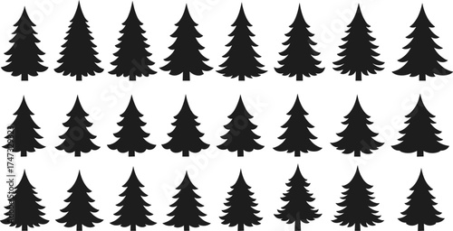 Pine tree silhouette vector set, evergreen forest design collection, black conifer icons, nature illustration, woodland clipart for landscape art, print, and digital use