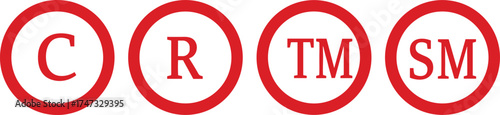 Red copyright trademark service mark symbols vector set, legal registration icons collection, intellectual property protection design, business branding and logo security illustration