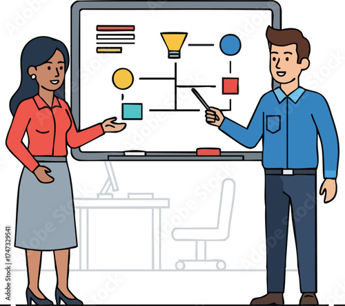 Two colleagues collaborating on a workflow diagram on a whiteboard.