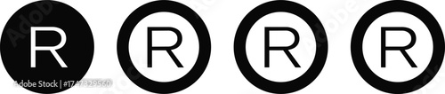  Registered trademark symbol vector set, R in circle icon design, copyright logo collection, legal intellectual property mark graphic illustration, black background