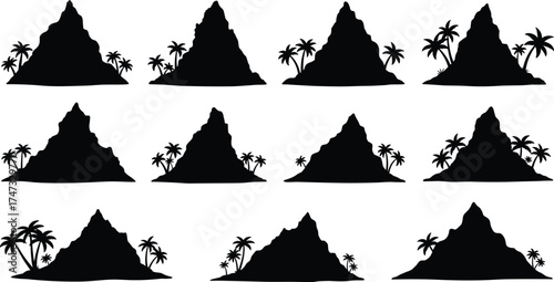Set of mountain and palm tree silhouette vector icons, tropical island landscape illustration, nature, travel, adventure, outdoor scenery, paradise design