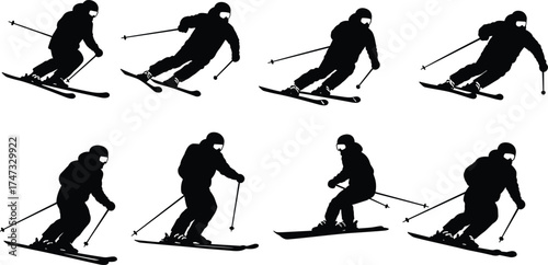  Skiing silhouette illustration, winter sports activity vector, skier action poses, mountain adventure, snow sport concept, extreme outdoor recreation, black and white design