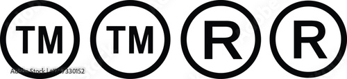  Trademark and registered symbol vector icons set, black circle TM and R logo design illustration, intellectual property, brand protection concept, isolated.