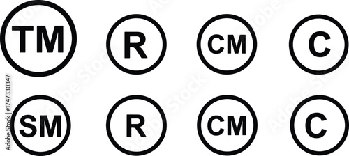  Trademark copyright registered service mark symbol vector illustration, intellectual property protection icons set, legal ownership design concept, business brand identity elements