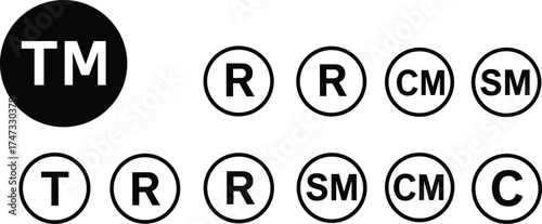  Trademark copyright service mark registered symbols vector set, intellectual property icons, legal rights protection, brand logo ownership and registration illustration design