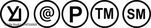  Trademark, service mark, patent and at sign vector symbols, intellectual property protection icons set, business legal logo design elements, black circle outline signs
