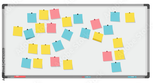 Whiteboard covered in colorful sticky notes, pinned up for brainstorming and organization.