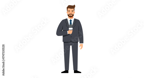 Illustration of a male reporter holding a microphone in a suit.