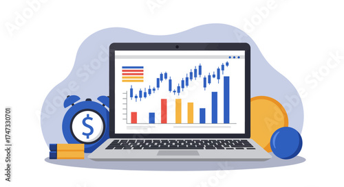 Stock market analysis on a laptop with coins and an alarm clock.