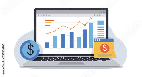 Laptop displaying financial growth chart with coin and calendar icons.