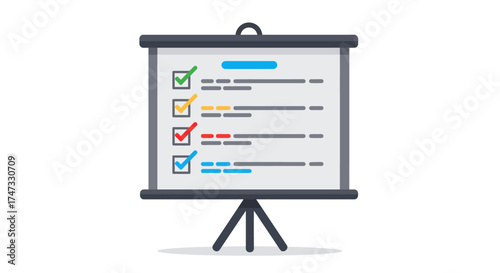 Presentation board with checklist items marked with checkmarks.