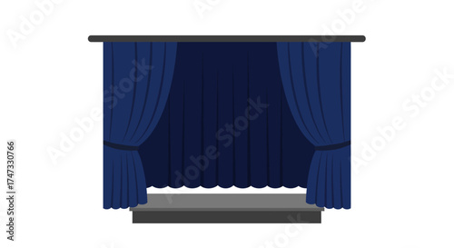 Illustration of a stage with blue curtains and a gray platform.