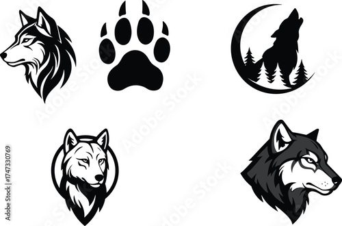  Wolf head vector illustration, howling wolf silhouette, paw print logo, wildlife design, tattoo emblem, mascot graphic, forest moon art, black and white animal icon