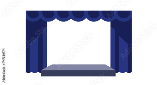 Illustration of a stage with blue curtains and a raised platform.