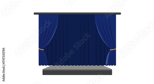 Illustration of a stage with blue curtains and a gray platform.