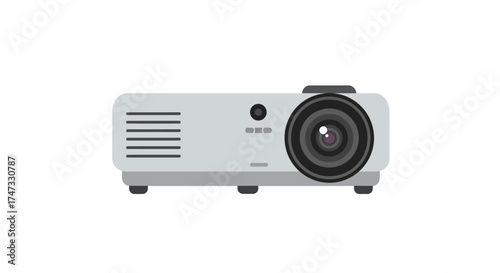 A front-facing illustration of a projector, featuring a lens, vents, and a light gray body.