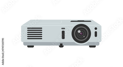 Illustration of a white projector with a lens and vents on a white background.