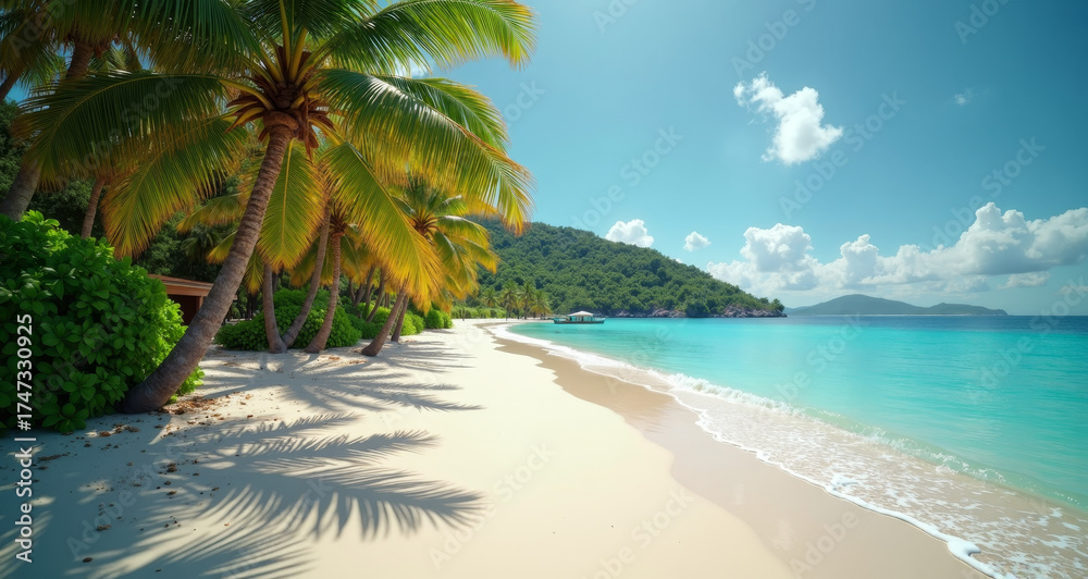 Obraz premium Tropical Paradise: A picturesque view of a tropical beach, boasting pristine white sand and the gentle sway of palm trees under a bright, clear sky, inviting tranquility.