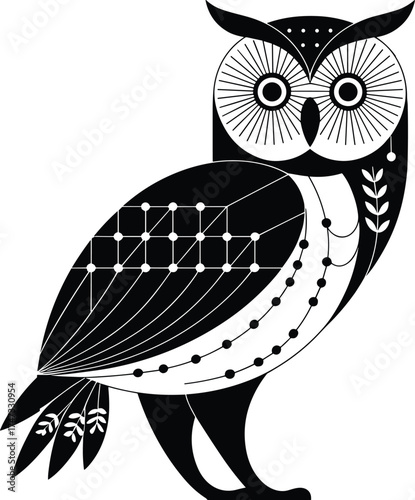 Abstract geometric owl illustration with circuit wings, symbolizing wisdom, technology, intelligence, nature fusion, modern design, and digital creativity