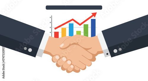 Business deal with handshake and rising graph in the background.