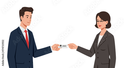 Man and woman exchanging business card in a professional setting.
